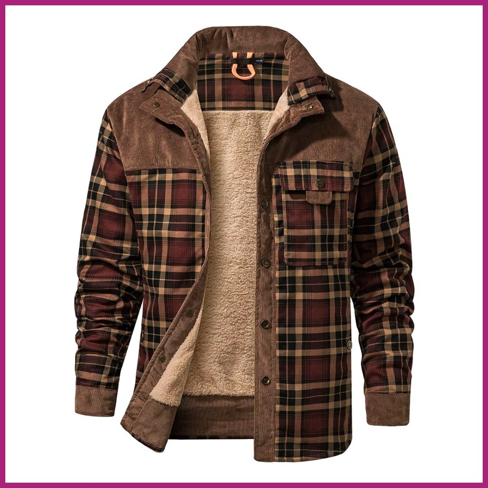 Men's Sherpa Lined Flannel Shirt Jacket Fleece Coat Long Sleeve